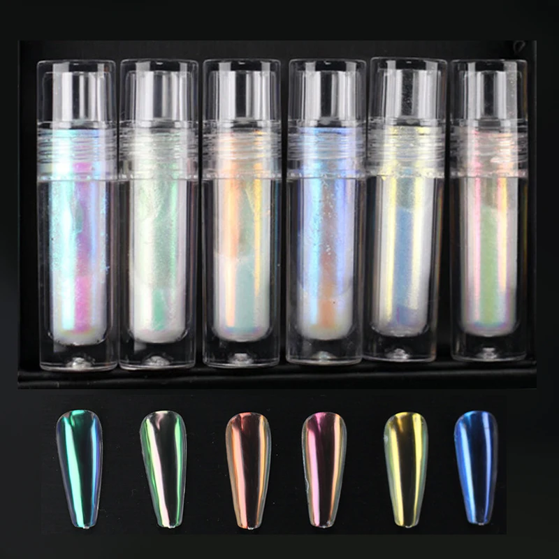 

New 6 Colors Liquid Aurora Nail Powder Mirror Effect Chrome Nail Powder Liquid Rubbing For Nails DIY Manicure Art Supplies