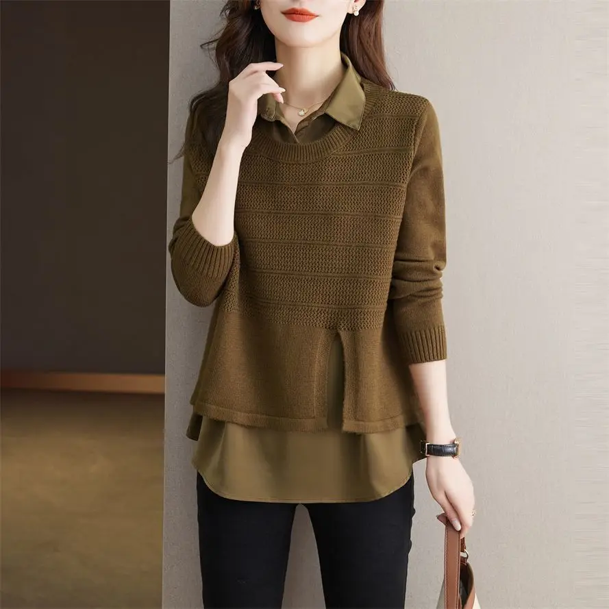 Fake Two-piece Spliced Knitted Shirt for Women 2024 Spring Autumn New Chic Casual Top Design Sense Niche Long Sleeved Shirt