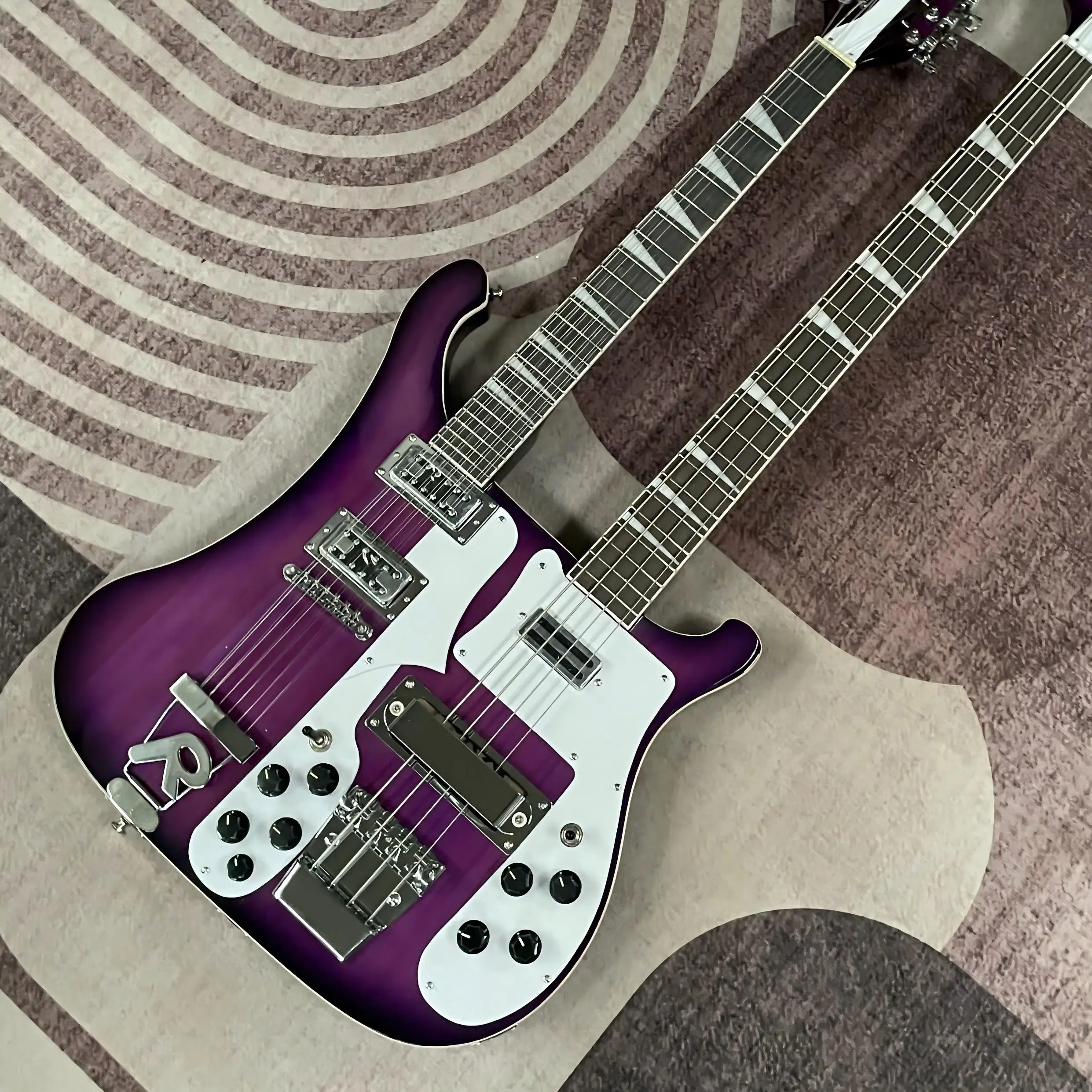 

Double Neck Electric Guitar 12+4 Strings Purple Burst Flamed Maple Pearl Pickguard Chrome Hardware