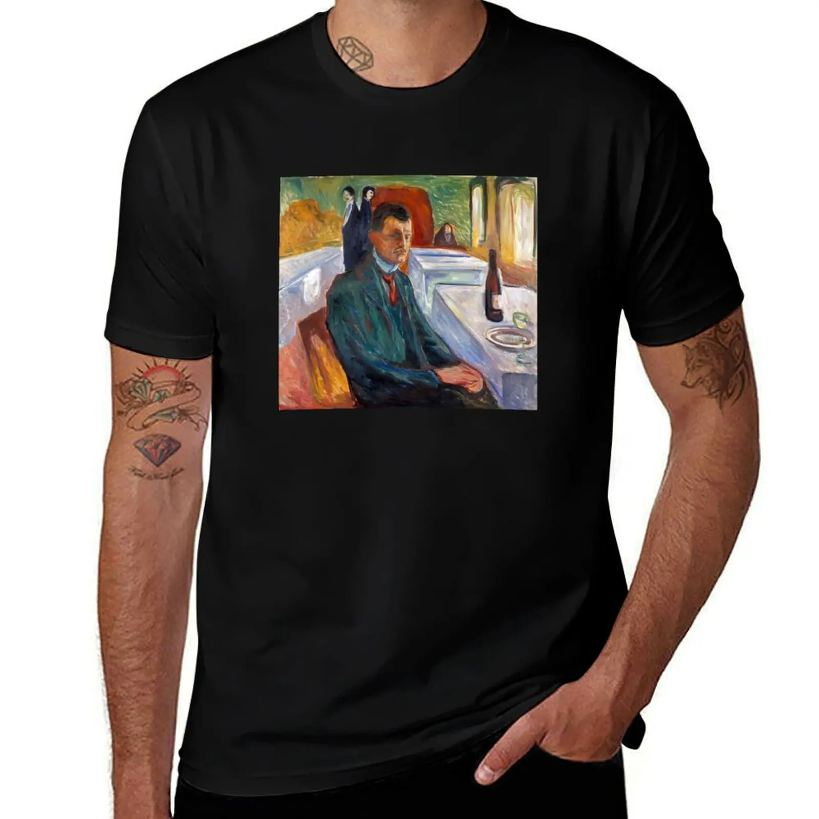 Self Portrait with Bottle of Wine by Edvard Munch Reproduction T-Shirt Basic Tee Shirt for Everyday Outfit T-Shirt
