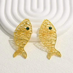 Pendientes únicos de Metal con forma de pez para mujer, aretes exagerados de hueso de pescado de Color dorado y plateado, regalo de joyería