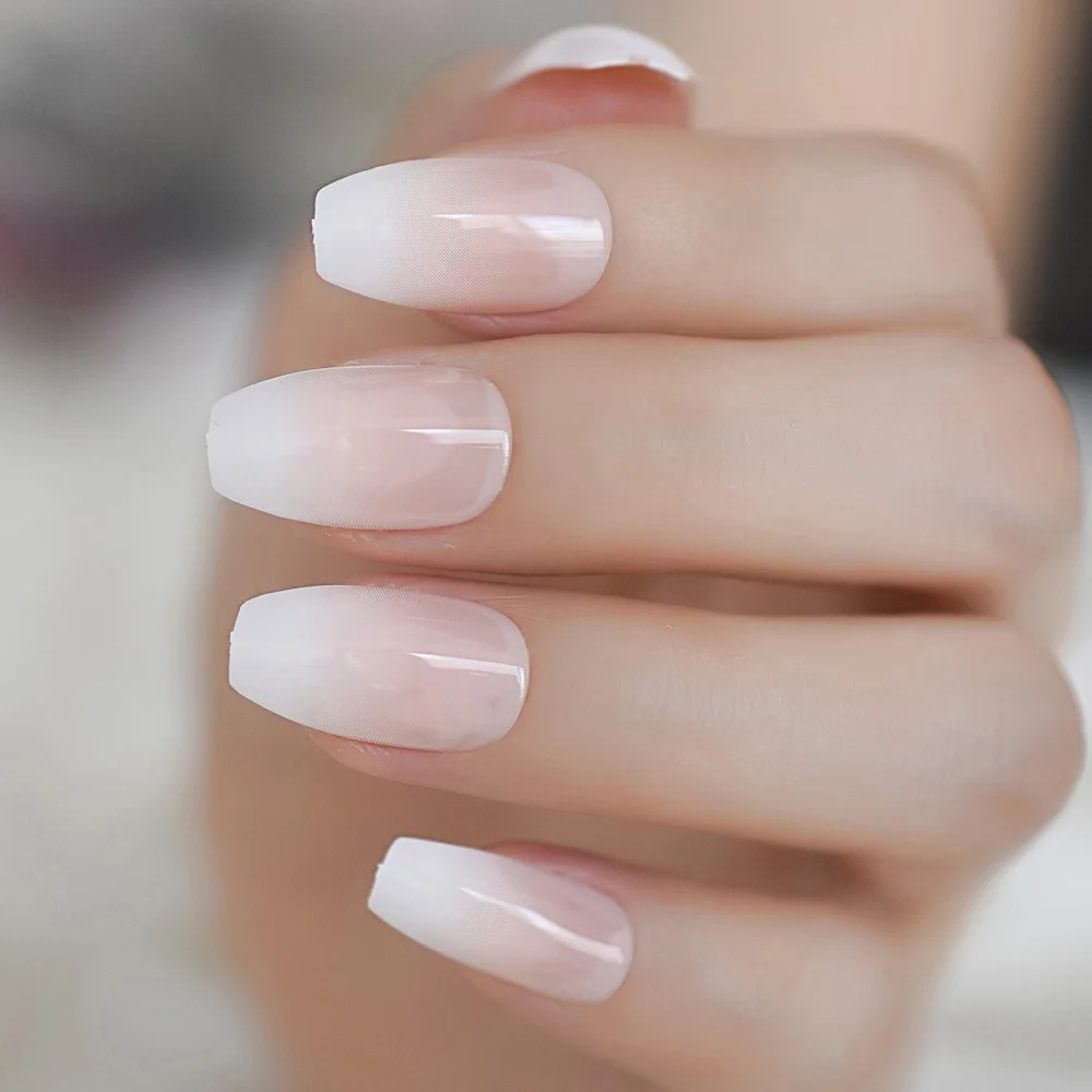 Ombre French Ballerina Coffin Short Fingernails Gradeint Natural False Nails Art Manicure Salon At Home Daily Wear Faux Ongles