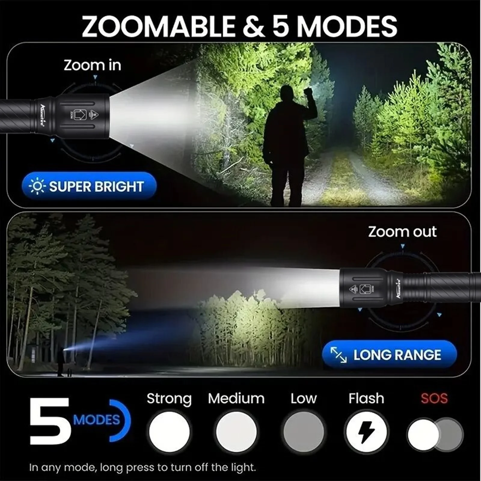 Alonefire Linterna táctica LED con Zoom y haz potente outdoor - imagen 2