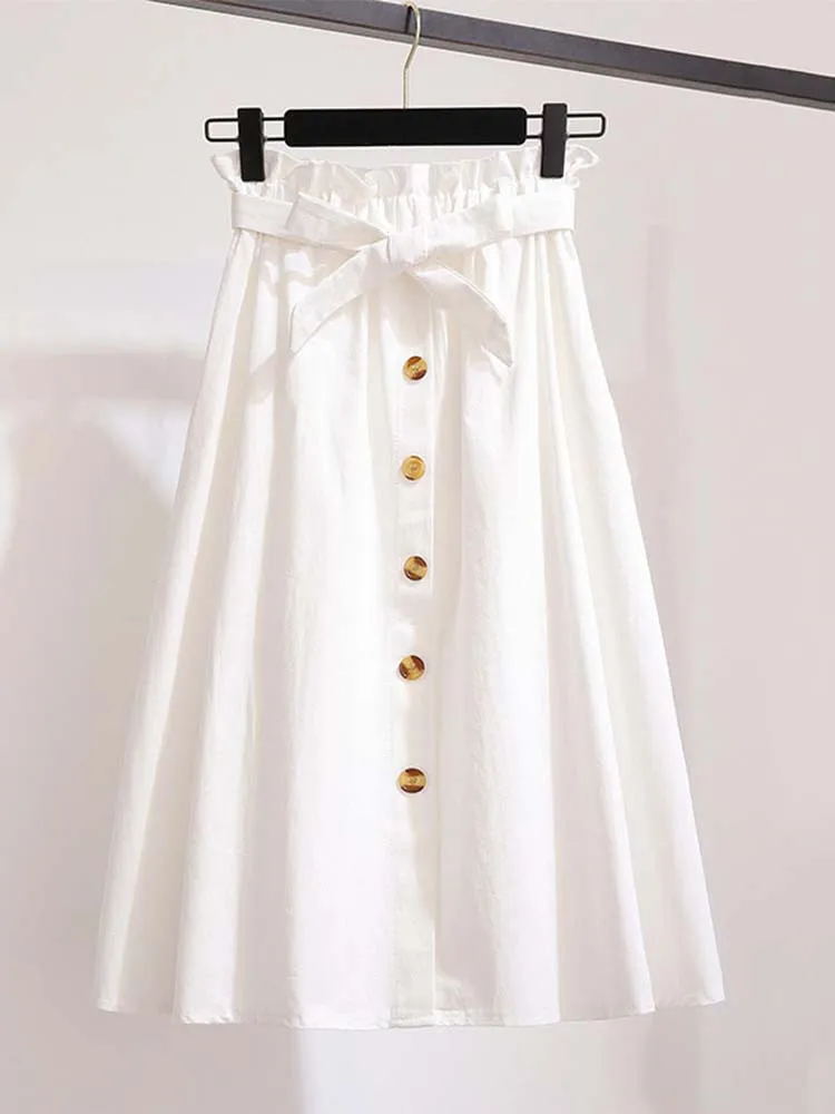 

Women Elegant High Waist Midi Skirt Spring And Summer Casual Single-Breasted Solid Black White Bowknot Belt Office A-Line Skirt