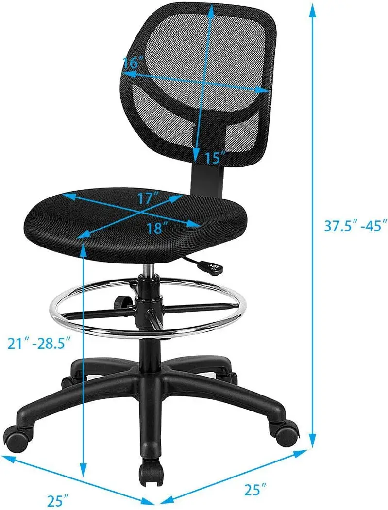 Mesh Drafting Chair, Standing Desk Chair w/Footrest Ring, Adjustable Height Chair Mid Back Tall Office Chair for Home Office, Bl