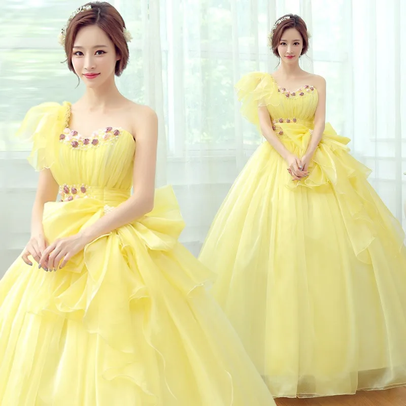 

Yellow Ball Gown Quinceanera Dresses Tulle One Shoulder Prom Birthday Party Gowns Formal Occasion Vestido De Anos Sweet 16