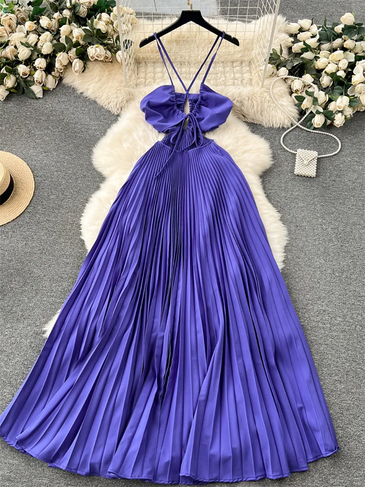 Croysier Sommerferien Strand kleid Frauen ärmel los aus geschnitten Neck holder Riemen Krawatte langes Falten kleid sexy Party kleider mit offenem Rücken