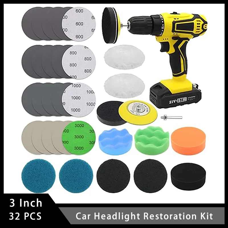 

3 Inch Car Headlight Restoration Kit 32PCS with Sanding Discs 1/4 Inch Shank Backing Pad Scouring Pads Buffing Sponge Pads