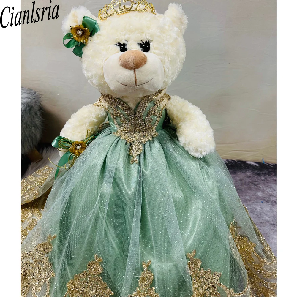 Luxury Green Special Link Sweetheart Personalized Quinceanera Teddy Bear Dresses Cape Beaded 3D Flowers Mini Customized