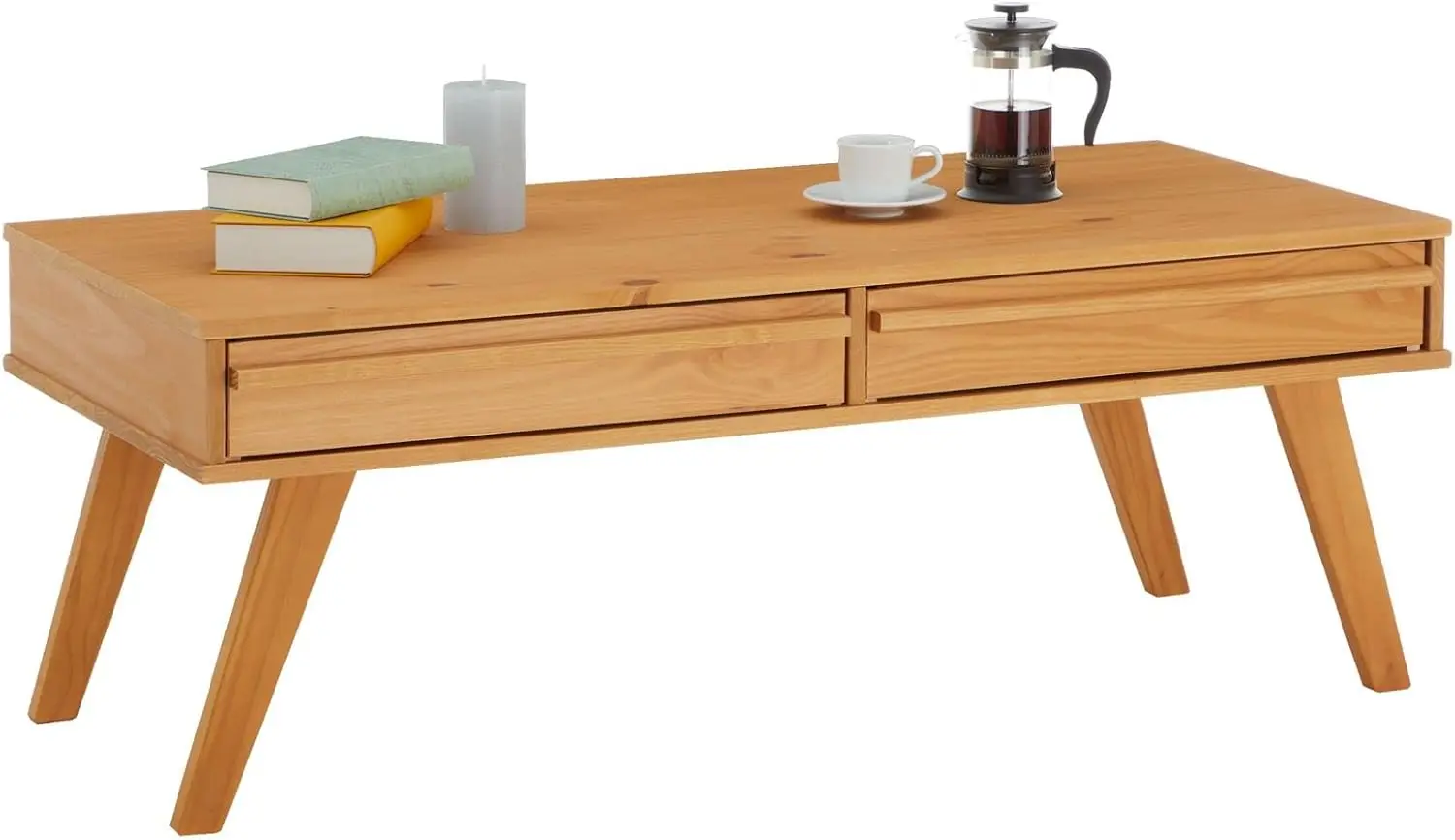 Couchtisch Jona mit 2-Schubladen im Skandi-Look, moderner Beistelltisch mit Holzfüßen, elegantes Sofa-Tisch aus massivem Kiefer i