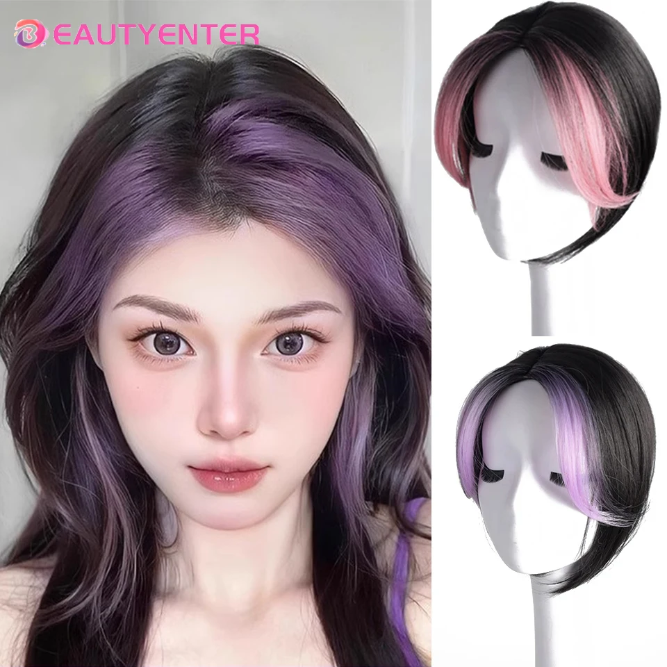 BEAUTYENTER 3D 프렌치 앞머리 가발, 자연스럽고 심리스 이마, 보이지 않는 핑크 하이라이트, 탑 헤어 패치, 에어 앞머리 