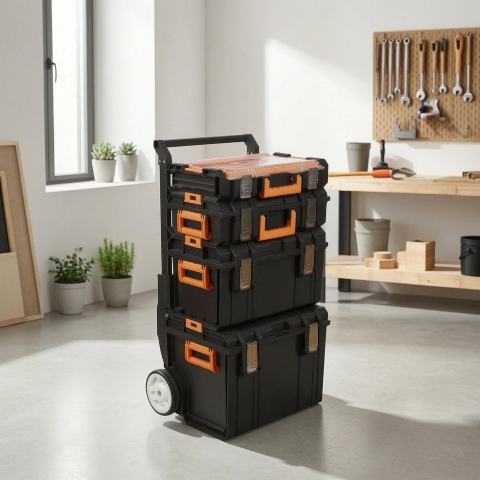 4 Pieces Stackable Tool Box Wheeled Rolling Tool Box Chest Heavy-Duty Rugged for DIYers, Job Site, Garage