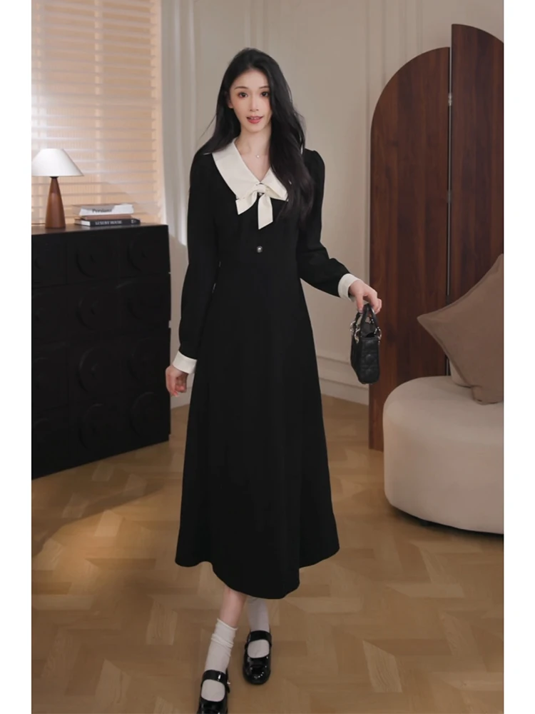 

Платье женское Zhang Soda для ранней осени, черное, с длинным рукавом, с V-образным вырезом, с завышенной талией, повседневное, А-силуэт, модное