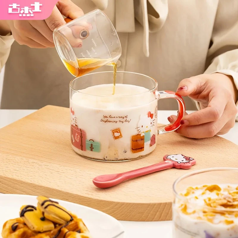 

For Sanrio Glass Cup Cartoon Collaboration Transparent Water Cup Home Breakfast Oatmeal Mug with Colored Handle Gift for Kids
