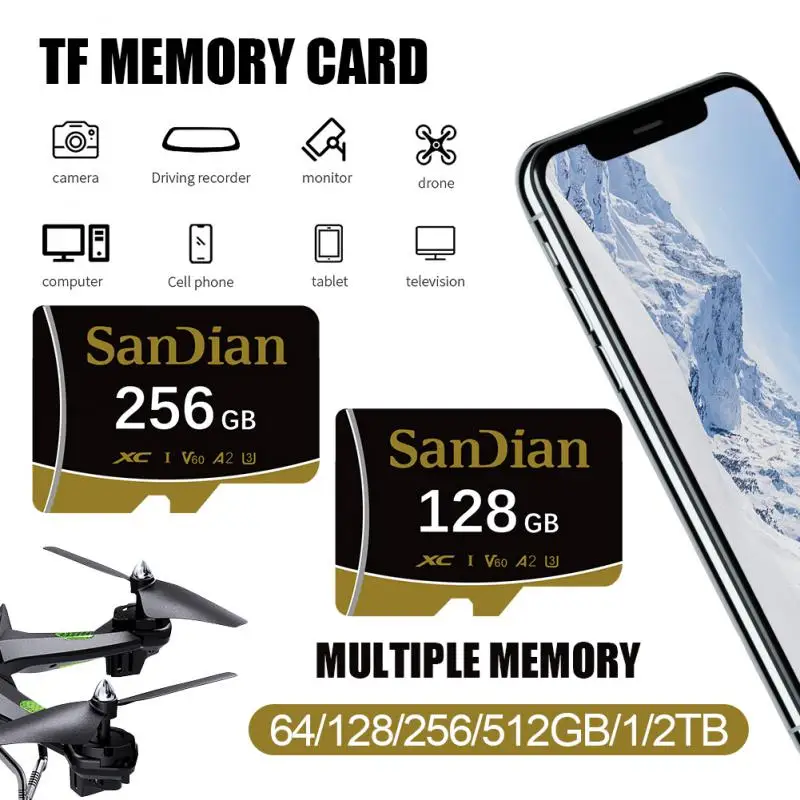 Kartu memori Micro Tf SD 2T 1T 256GB 128G, kartu TF SD TF mikro kartu memori 32GB 64GB 128GB MiniSD untuk ponsel dan kamera