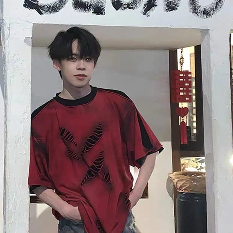 Summer Ripped Hole Men O Neck Short Sleeve T Shirt 2025 Handsome Boy Vintage Fashion All-match 2xl