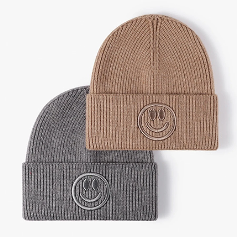 Autumn Winter Hats for Women Smiling Face Embroidered Cute Knitted Beanies Unisex Solid Color Winter Cap for Men
