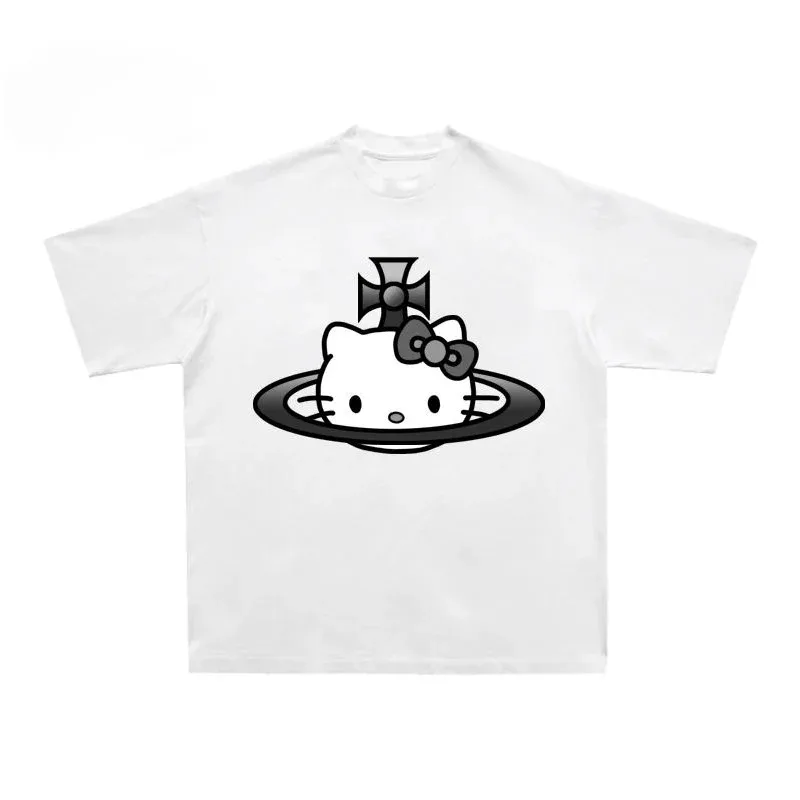 Hello Kitty Men's and Women's T-Shirt Saturn Spoof Abe Style Short Sleeve T shirt Pure Cotton Print Couple Niche Oversized Tops