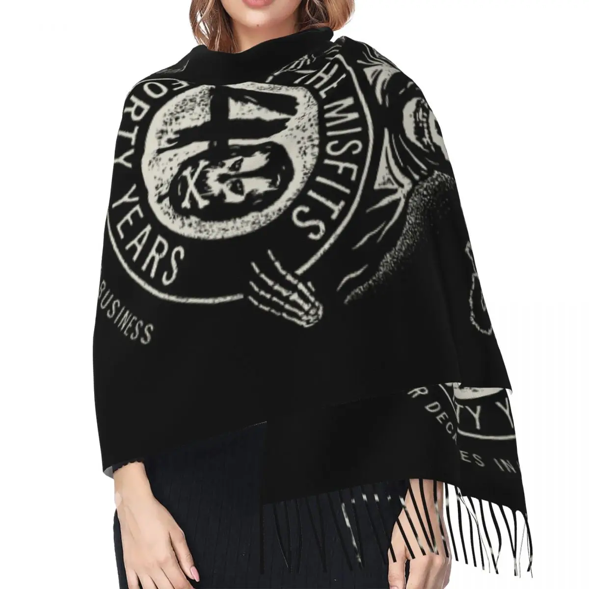 Custom Rock Punk Band Misfits Skull Face Tassel Scarf Women Soft Heavy Metal Shawl Wrap Lady Winter Fall Scarves