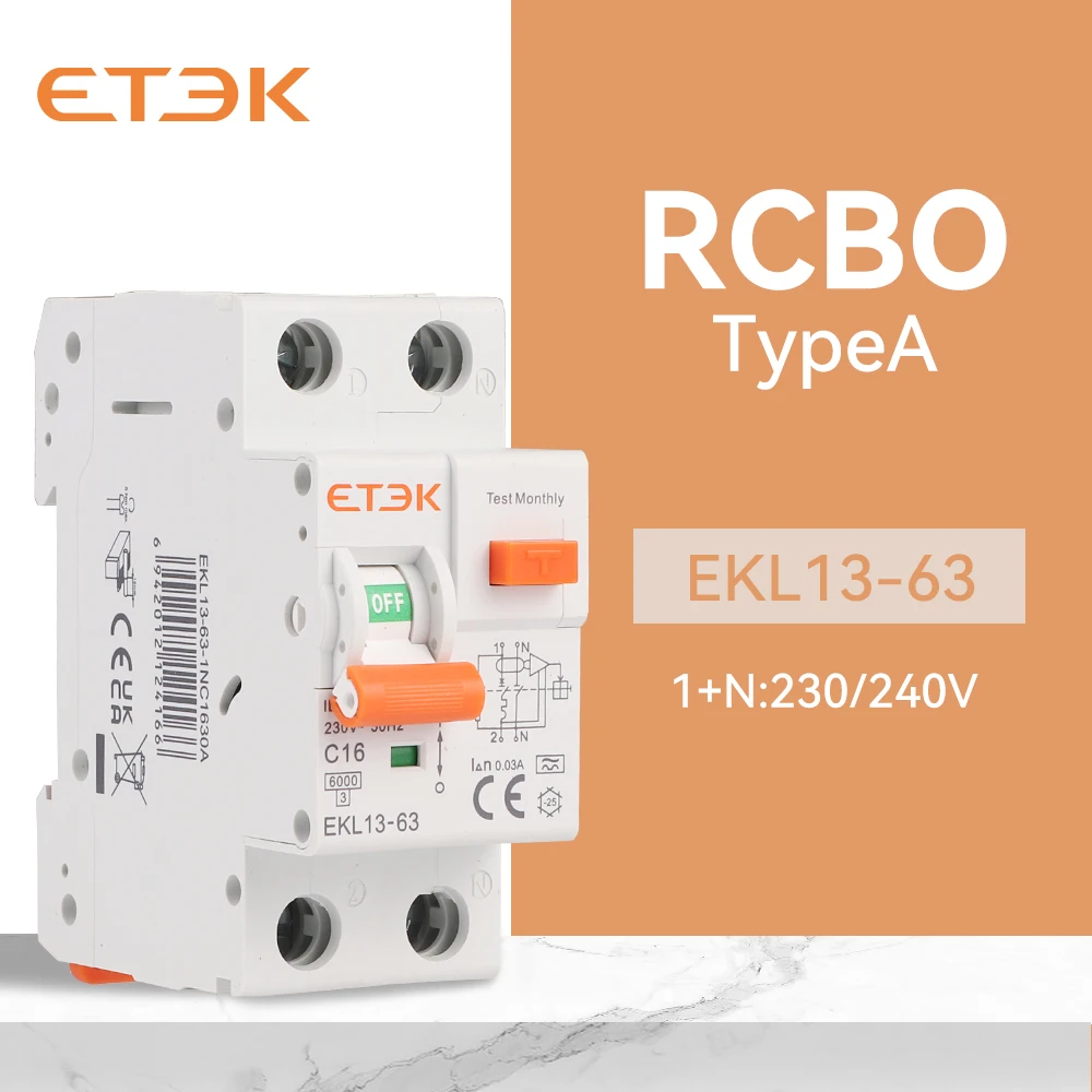 ETEK Low Voltage A Type 30mA 2P Residual Current Circuit Breaker MCB 230V Overload Short Current Leakage Protection RCBO EKL13