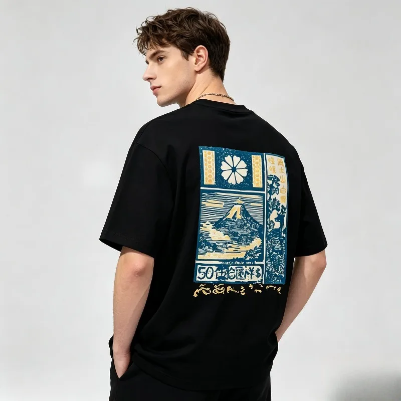 Japanese Fuji Mountain Double Sided Print T Shirt Casual Vintage Front Back Graphic Short Sleeve Tee
