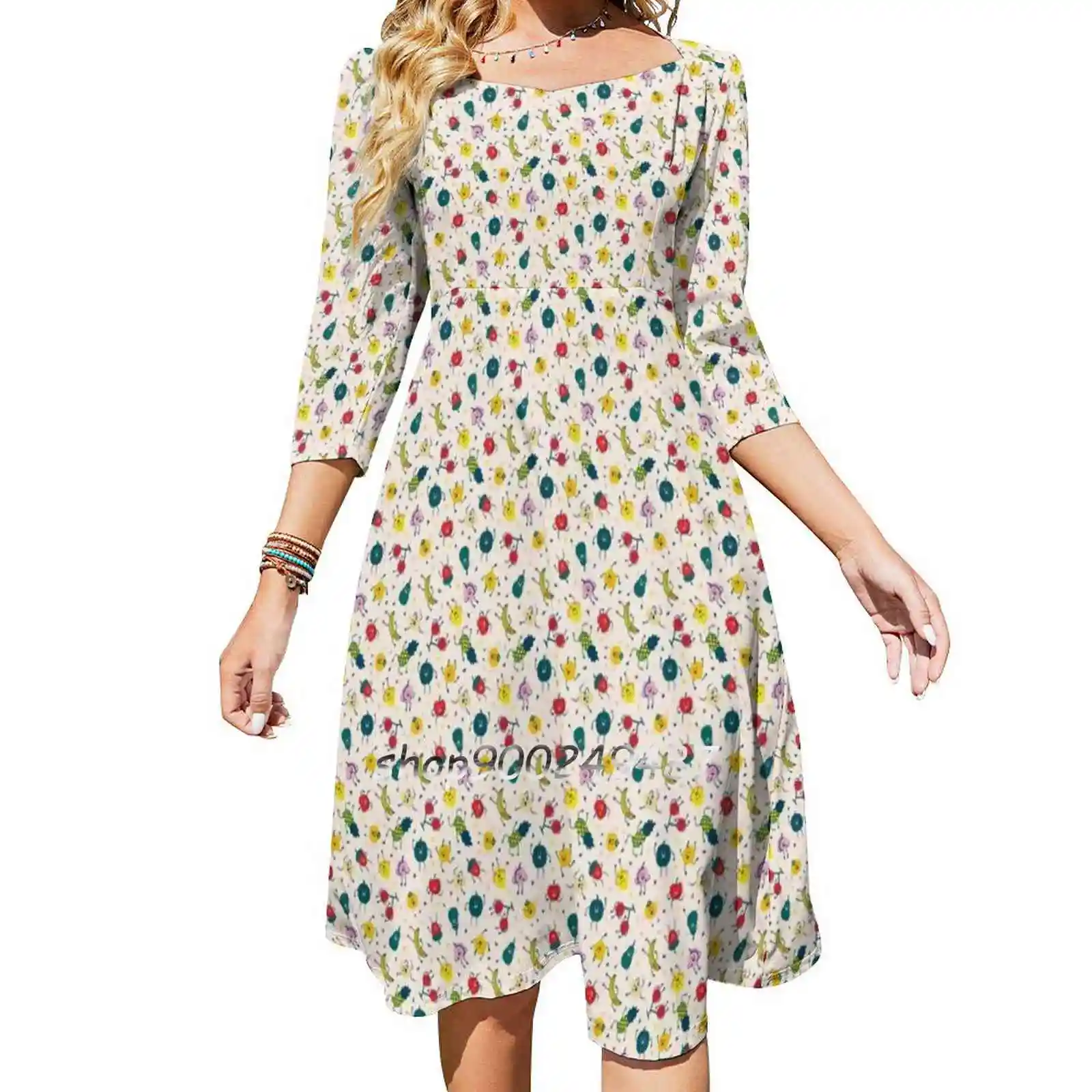 

Happy Fruits Flare Dress Square Neck Dress Elegant Female Fashion Printed Dress Fruits Happy Potato Fruit Healthy Food Dancing