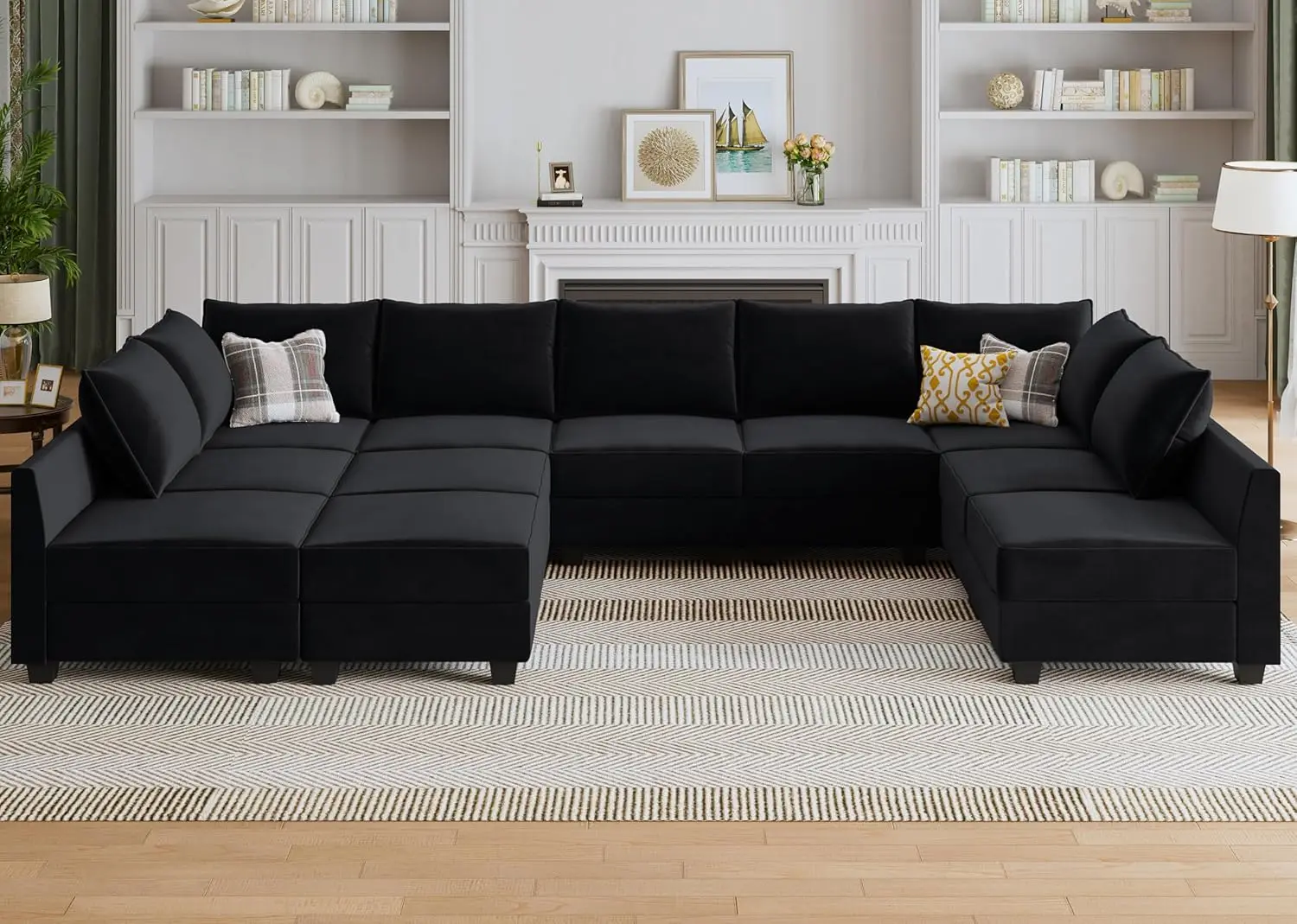 Modular Sectional Sleeper Sofa with Ottoman Velvet Modular Sofa with Storage Seat Convertible Sleeper Sectional Couch Bed Black