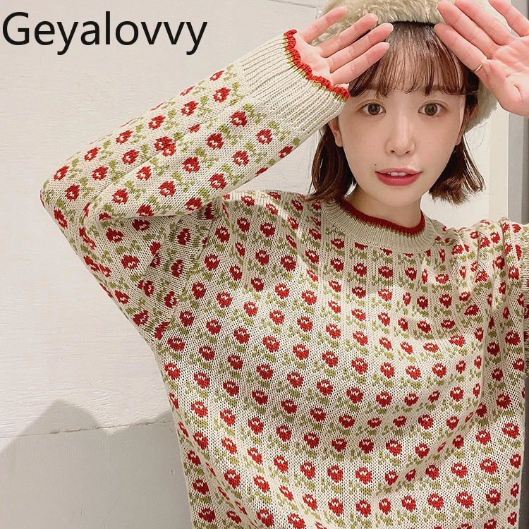 

Japanese Style Sweet Girl Floral Jacquard Round Neck Pullover Versatile Outerwear Long Sleeve Floral Sweater Knitted Top