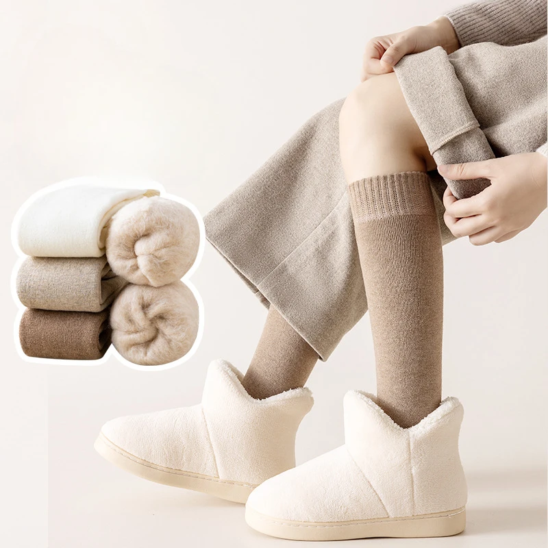 2 Pairs Cozy Plush Fleece Lined Calf Socks Women Warm Thick Women Stockings Hosiery Fuzzy Thermal Winter Socks