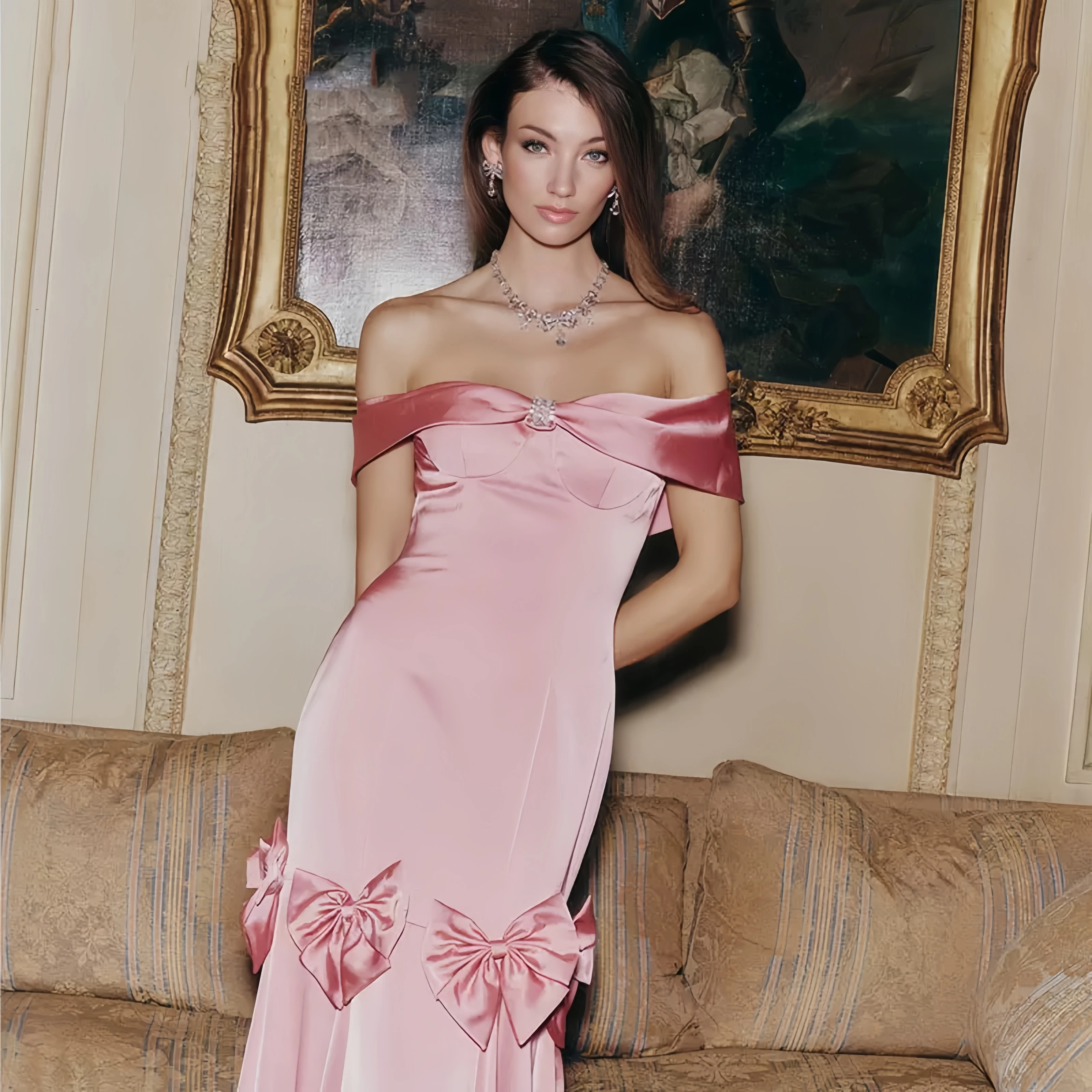 Elegante Celebrity Jurken Roze Strik Ruglooze Schouder Jamming Ruches Dames Avondkleding voor Bruiloftsgast 2025, Nieuwe jurk