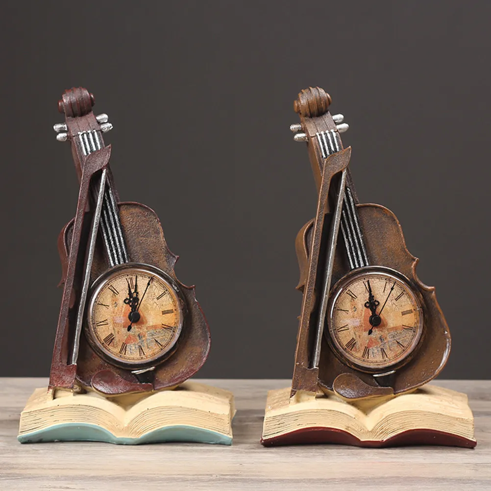 Resin Made Violin Clock Book Decor Red Retro Style Desk Craft for Home Living Room Store Bar Decoration New Look