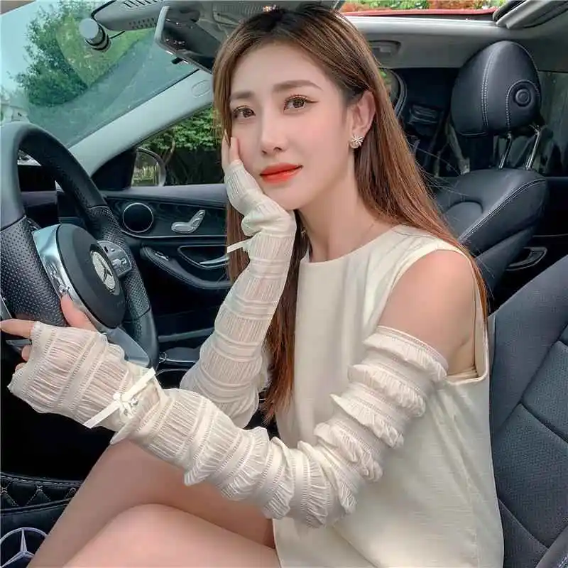 

Летние уличные перчатки-нарукавники из ледяного шелка с жемчужным узлом для защиты от солнца, кружевные перчатки-нарукавники для езды на велосипеде и вождения автомобиля