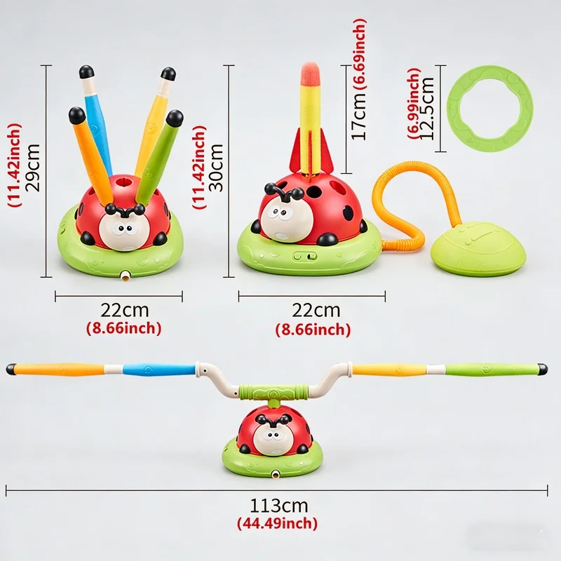 Christmas Gift 2/3/4/5-in-1 Ladybug Outdoor Toy Rocket Launcher Musical Jump Ring Toss Game for 3-8 Years Old Kids