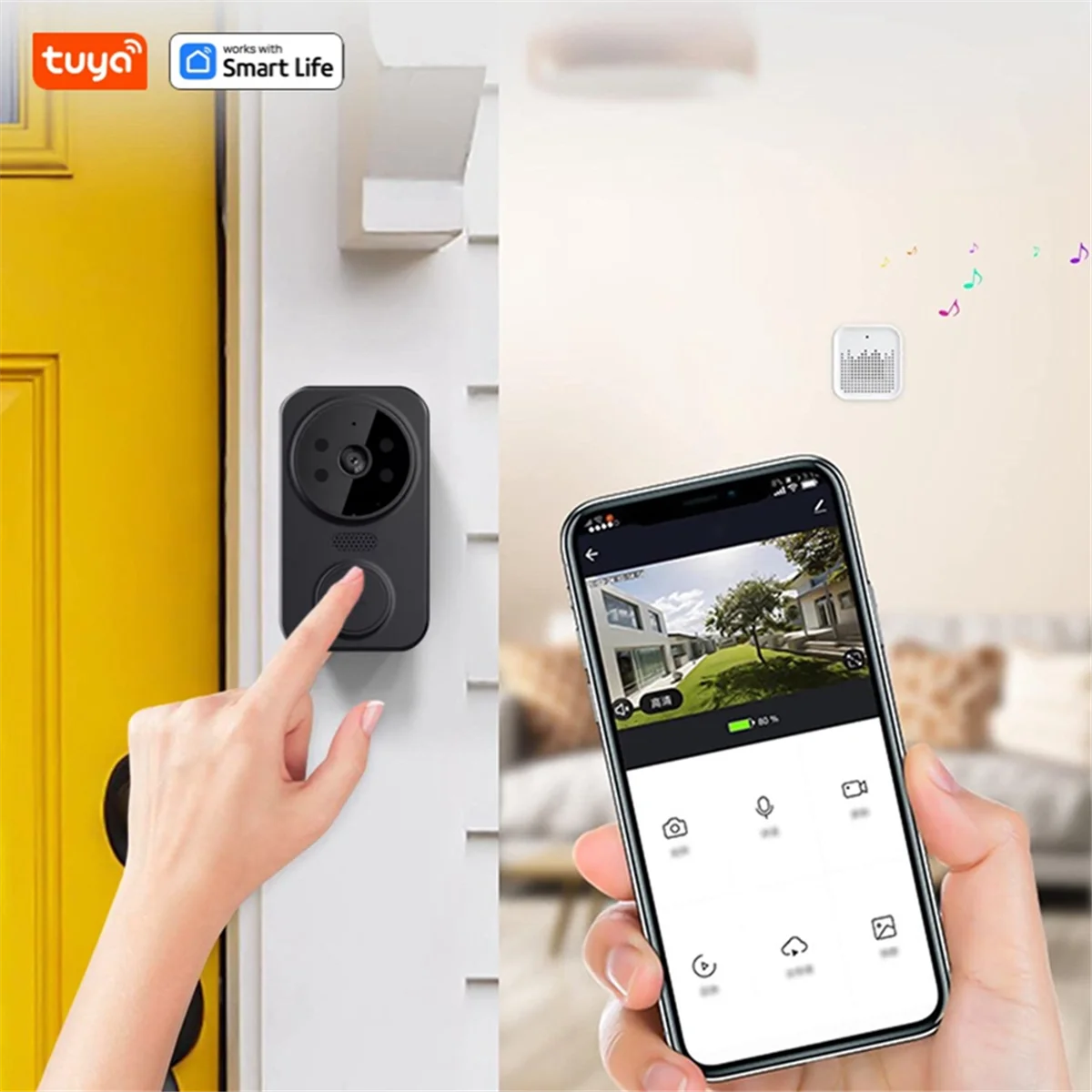 Tuya-timbre inteligente para el hogar, cámara de vídeo inalámbrica con WIFI, color negro