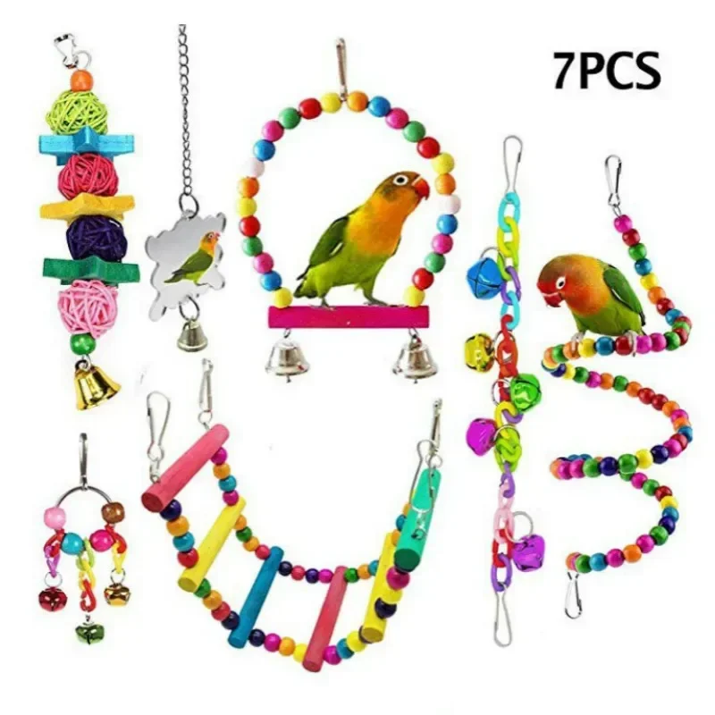 A Parrot Bite Toy Pet Bird Toys Swing Color Building Blocks Bite String Bird Mirror 7-Piece Set