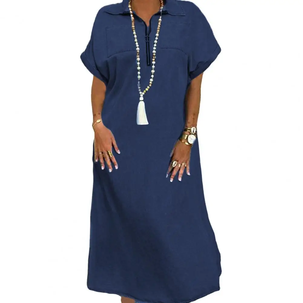 

2024 Women Dress Zippered Turn-down Collar Loose Short Sleeves Solid Color Pockets Commute Mid-calf Length Midi Dress