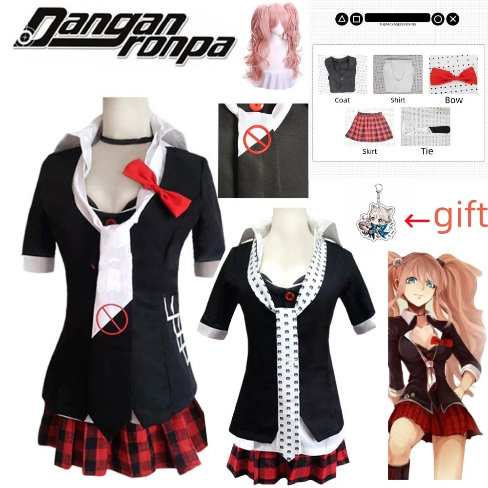 

Anime Danganronpa Cosplay Costume Enoshima Junko Uniform Cafe Work Clothes Short Skirt Double Tail Braid Wig