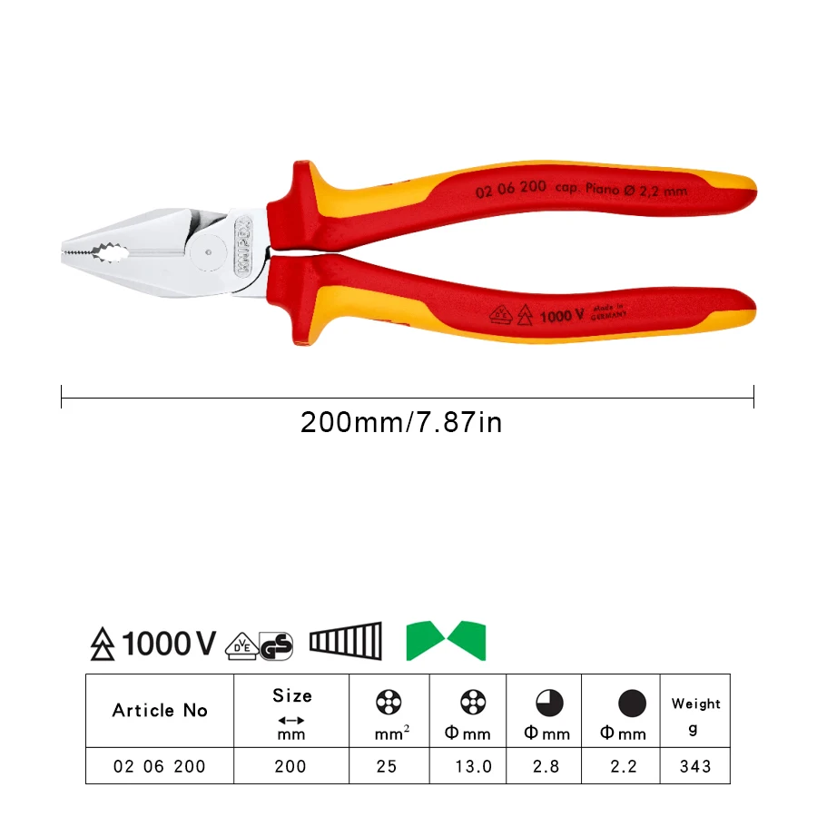 KNIPEX 0206200 VDE Insulated High Leverage Combination Pliers Chrome Plated Hard Cutting Edge for Multi-stranded Copper Cables