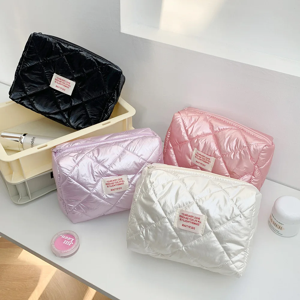 Large Capacity Solid Color Storage Bag Glossy Pearl Skincare Product Storage Bag Portable High Beauty Wash and Makeup Bags