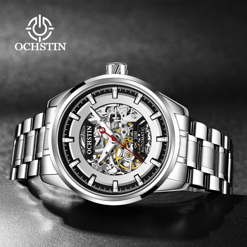 OCHSTIN Male Master Series Hollow Skeleton Mechanical Watch Comfortable Genuine Leather Strap Waterproof Casual Wristwatch