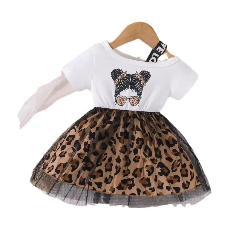 6M-3Y Summer Kids Girls Dress Short-sleeved High And Low Off-shoulder Halter T-shirt Patchwork Leopard Print Lace Children Skirt