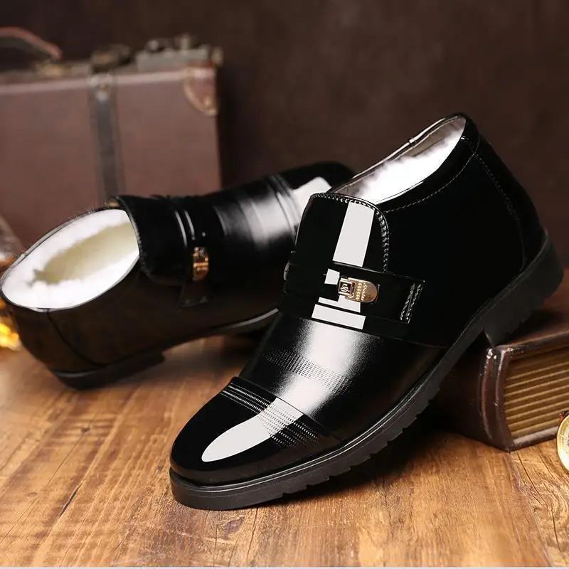 Men's Winter High Top Leather Shoes Fleece Lined Cotton Padded Warm Thick Anti Slip Snow Boots All Match Business Casual Slip On