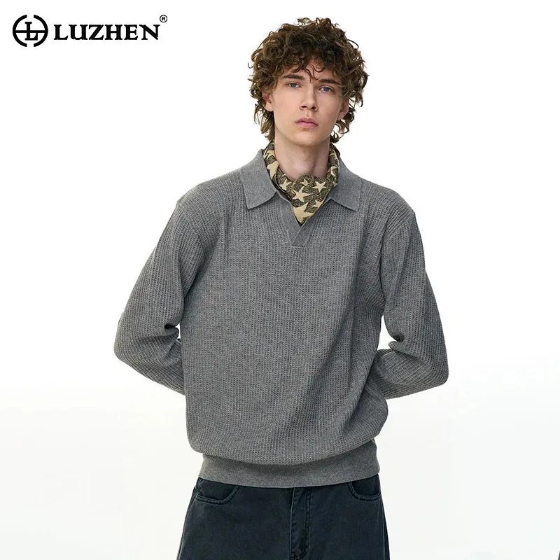 

LUZHEN 2025 New Elegant Handsome Solid Color Long Sleeve Knitted Pullover Men Trendy High Quality Original Lapel Sweater JY5150