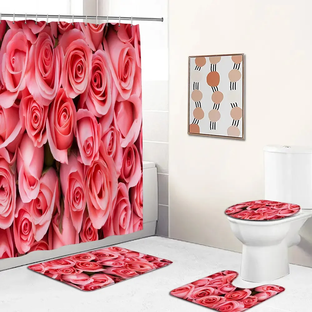 Red Roses Floral Shower Curtain Set Romantic Flower Plant Love Romance Bath Mat Modern Flannel Home Carpet Toilet Lid Cover