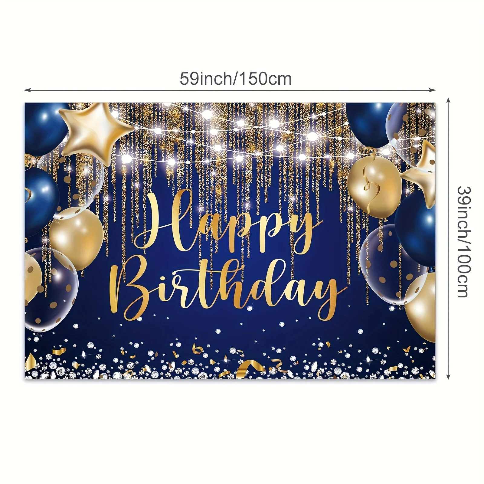 Shimmering Navy & Royal Blue Birthday Background,  Golden Polka Dot Balloons, Magical Cake Table Decor & Photography Banner