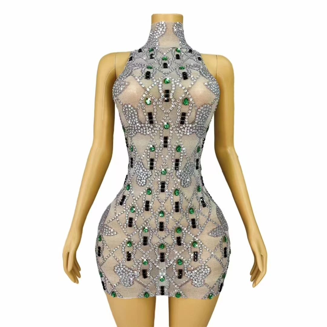 

Sexy Transparent Rhinestones Bodycon Mini Dress Women Singer Bar Club Shiny Short Dress Celebrity Party Evening Stage Costume