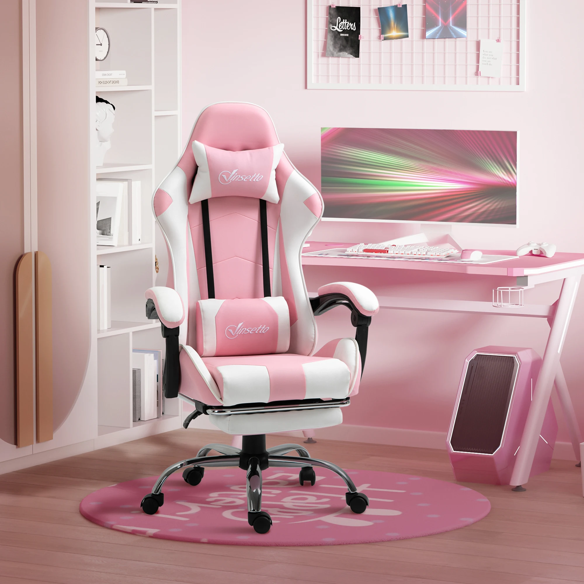 Chaise de jeu ergonomique avec appui-tête et coussin lombaire, chaise de bureau réglable en hauteur, pivotante à 360 degrés, style racing rose et blanc, cuir PU avec repose-pieds, charge maximale 120 kg