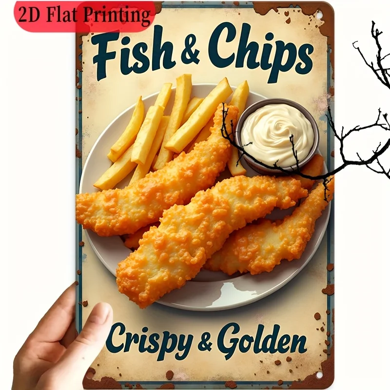 1pc Aluminum Sign Vintage Fish And Chips Aluminum Wall Decor Sign-Rustic English Pub Decoration with Golden Fries  Beer Pattern