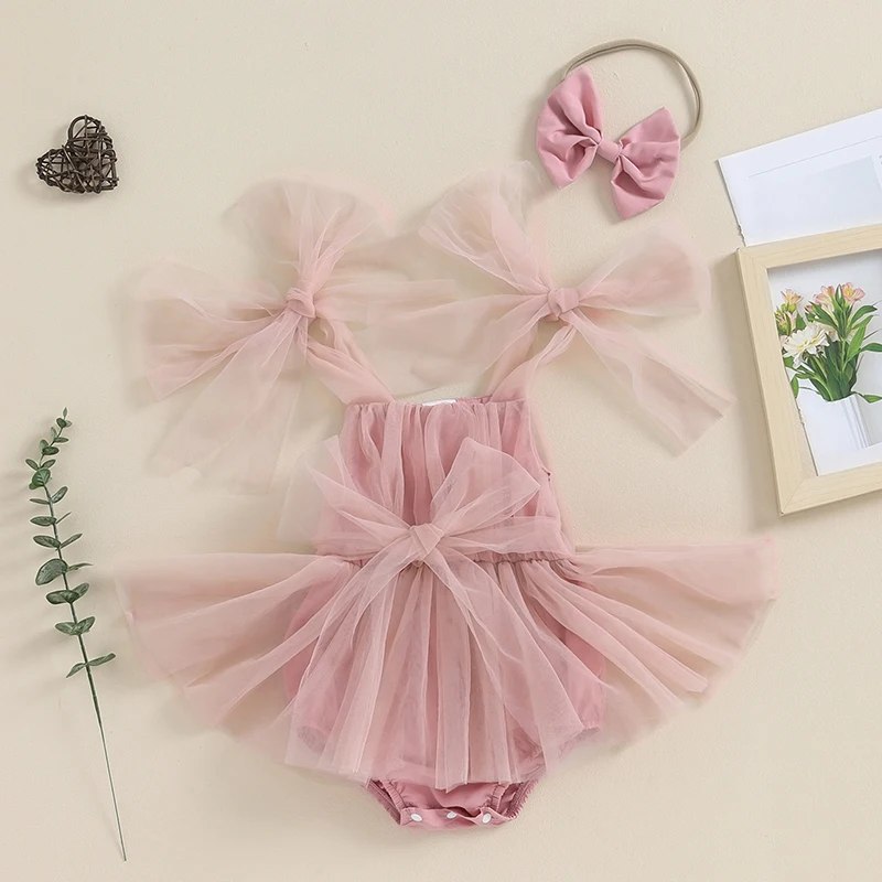 EWODOS Baby Girls Bodysuits Dress Sweet Tulle Skirts Hem Sleeveless Jumpsuits Toddler Clothes Infant Bodysuits with Bow Headband