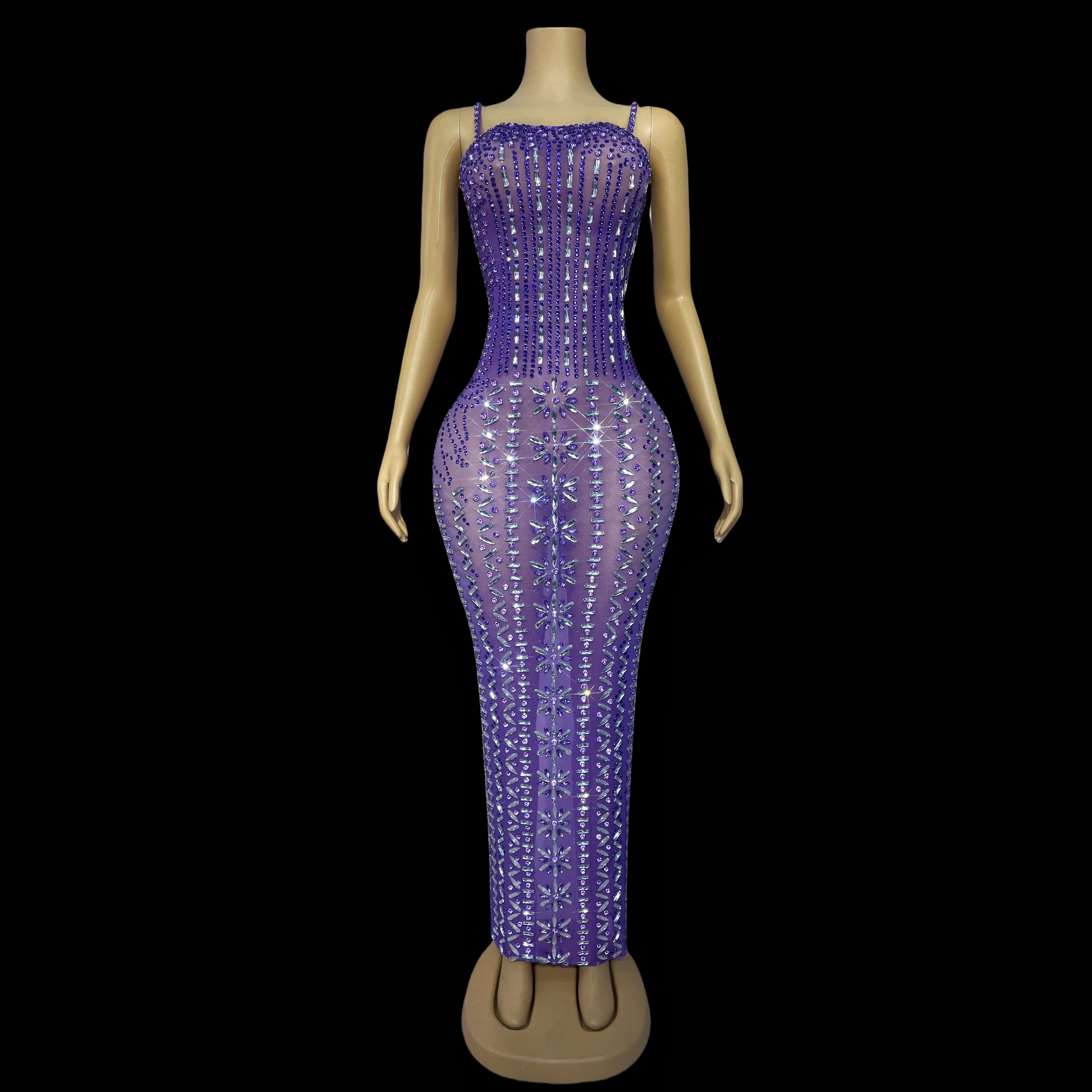 

High-end purple shimmering rhinestone suspender mesh skirt evening cocktail party costume red carpet stage attire Zijuan